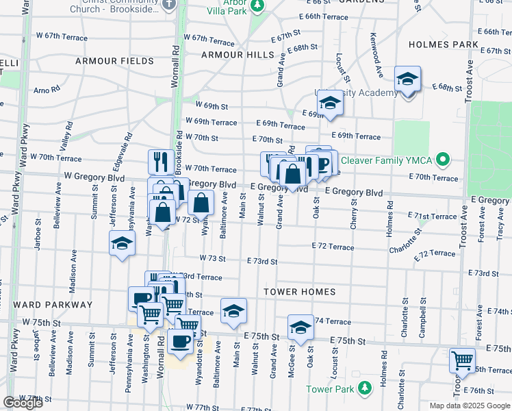 map of restaurants, bars, coffee shops, grocery stores, and more near 7122 Walnut Street in Kansas City