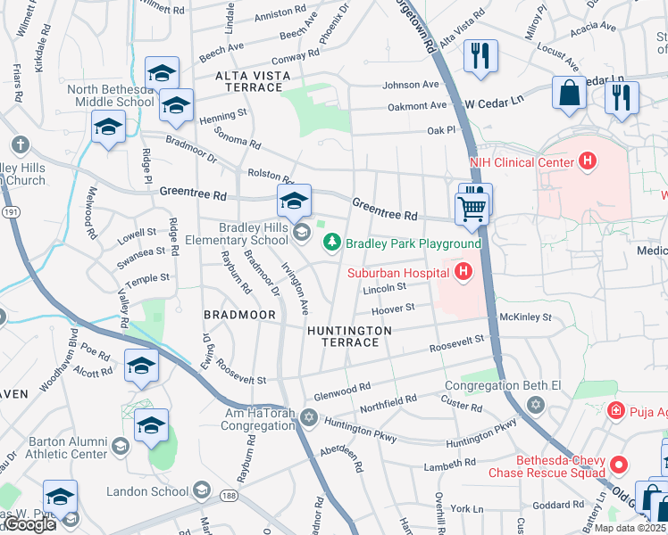 map of restaurants, bars, coffee shops, grocery stores, and more near 8624 Hempstead Avenue in Bethesda