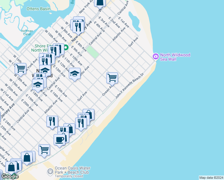 map of restaurants, bars, coffee shops, grocery stores, and more near 501 East 10th Avenue in North Wildwood
