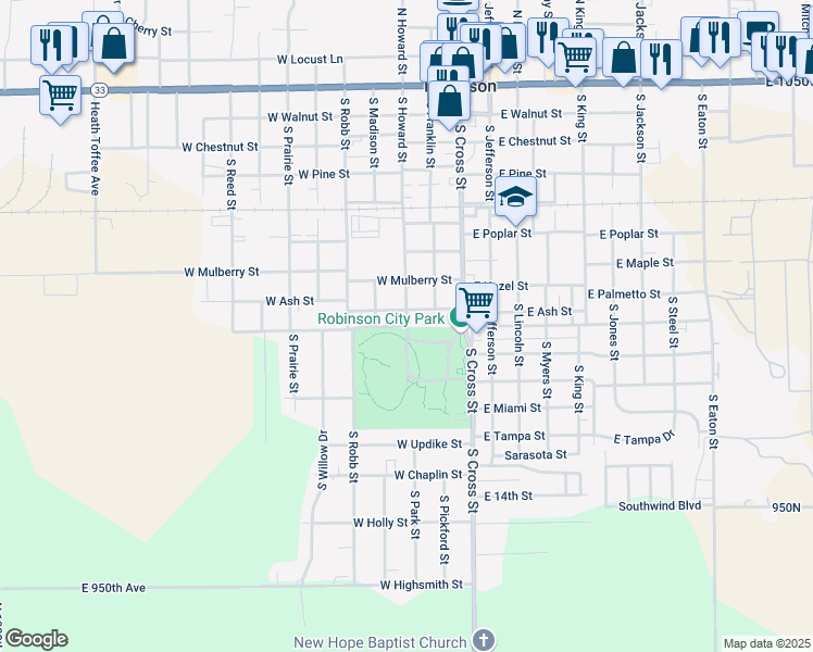 map of restaurants, bars, coffee shops, grocery stores, and more near 300 West Emmons Street in Robinson