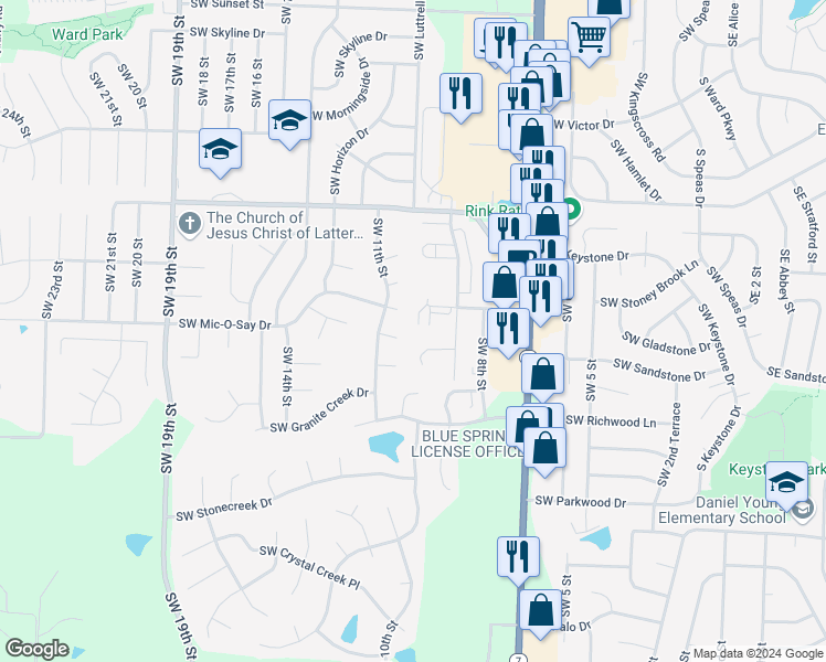 map of restaurants, bars, coffee shops, grocery stores, and more near 1719 Southwest Parkridge Drive in Blue Springs