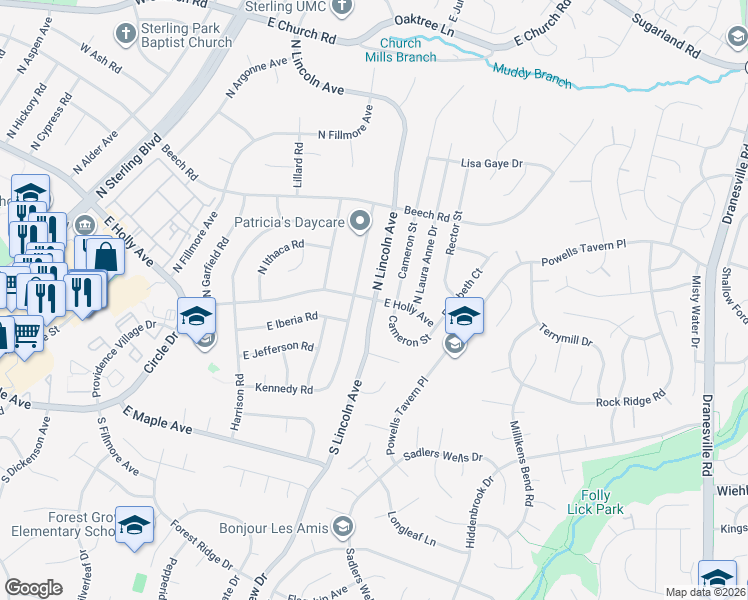 map of restaurants, bars, coffee shops, grocery stores, and more near N Lincoln Ave & E Holly Ave in Sterling
