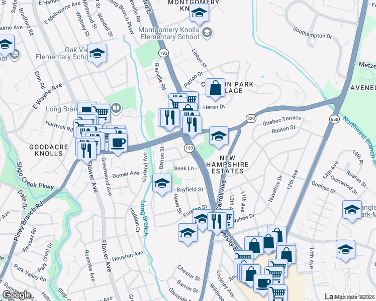 map of restaurants, bars, coffee shops, grocery stores, and more near 721 University Boulevard East in Silver Spring