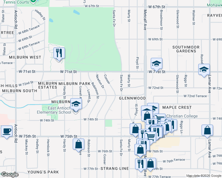 map of restaurants, bars, coffee shops, grocery stores, and more near 7206 Conser in Overland Park