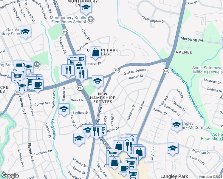 map of restaurants, bars, coffee shops, grocery stores, and more near 1024 Ruatan Street in Silver Spring