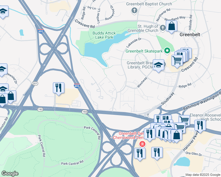 map of restaurants, bars, coffee shops, grocery stores, and more near 7894 Lakecrest Drive in Greenbelt