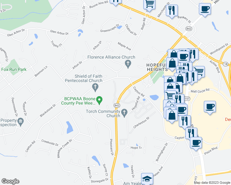 map of restaurants, bars, coffee shops, grocery stores, and more near Charleston Court in Florence