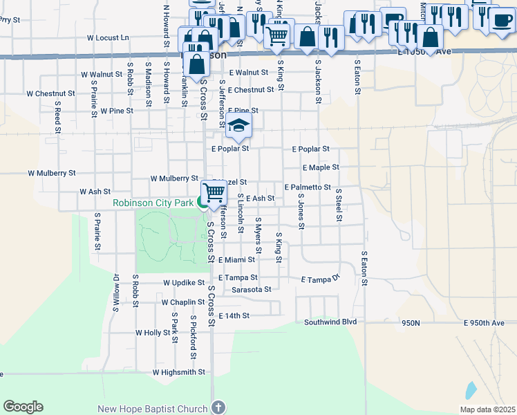 map of restaurants, bars, coffee shops, grocery stores, and more near 400 East Emmons Street in Robinson