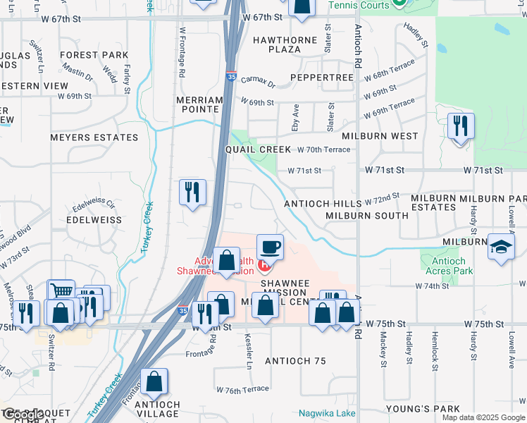 map of restaurants, bars, coffee shops, grocery stores, and more near 7200 Eby Drive in Merriam
