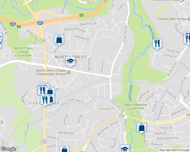 map of restaurants, bars, coffee shops, grocery stores, and more near 3318 Jones Bridge Road in Chevy Chase
