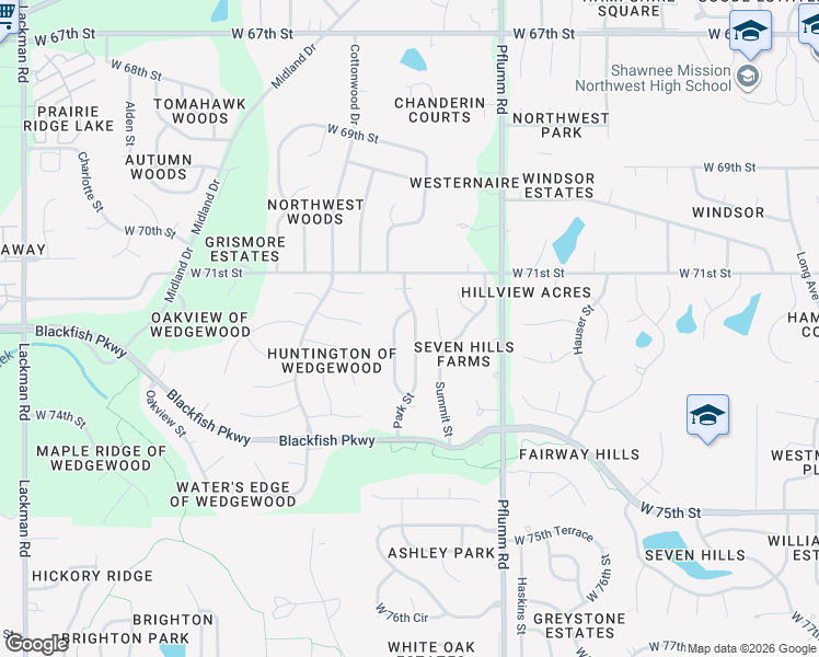 map of restaurants, bars, coffee shops, grocery stores, and more near 7140 Park Street in Shawnee