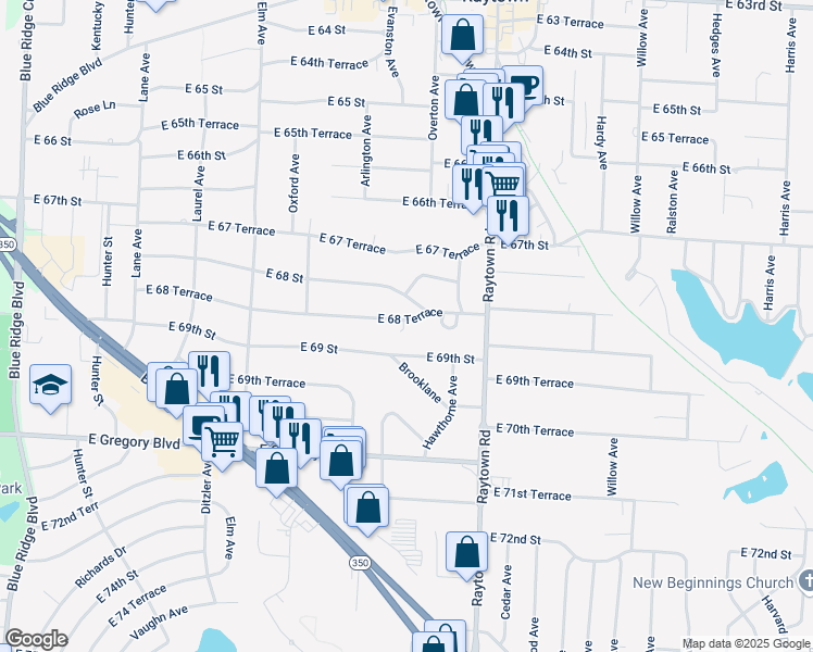 map of restaurants, bars, coffee shops, grocery stores, and more near 9713 East 68 Terrace in Raytown
