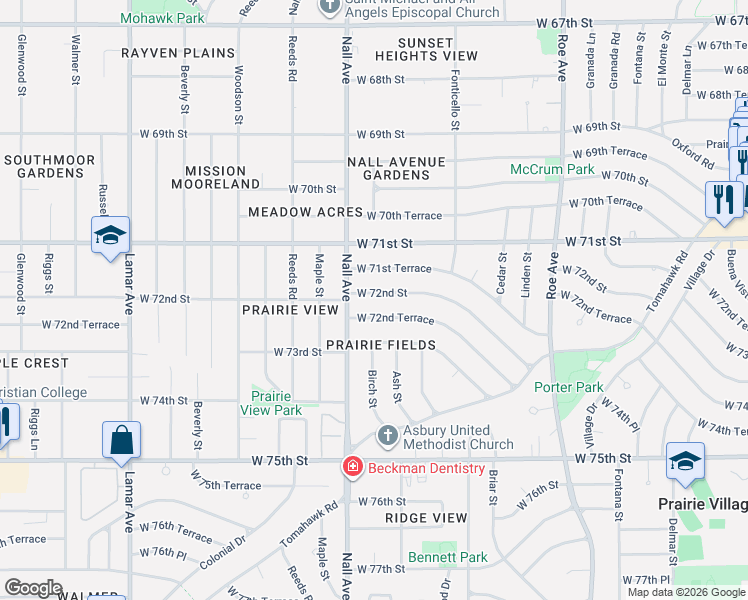 map of restaurants, bars, coffee shops, grocery stores, and more near 5409 West 72nd Street in Prairie Village