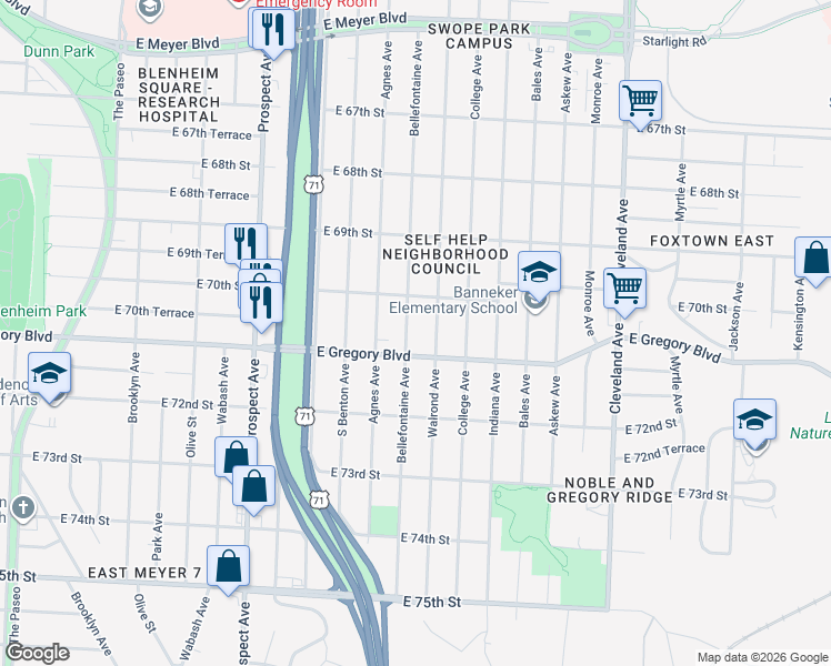 map of restaurants, bars, coffee shops, grocery stores, and more near 7031 Bellefontaine Avenue in Kansas City