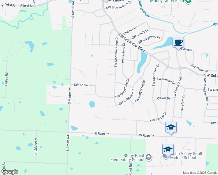 map of restaurants, bars, coffee shops, grocery stores, and more near 1218 Southwest Windcrest Court in Grain Valley