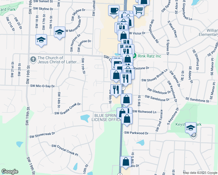 map of restaurants, bars, coffee shops, grocery stores, and more near 1901 Southwest 8th Street in Blue Springs