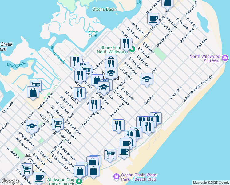 map of restaurants, bars, coffee shops, grocery stores, and more near 1611B Central Avenue in Wildwood