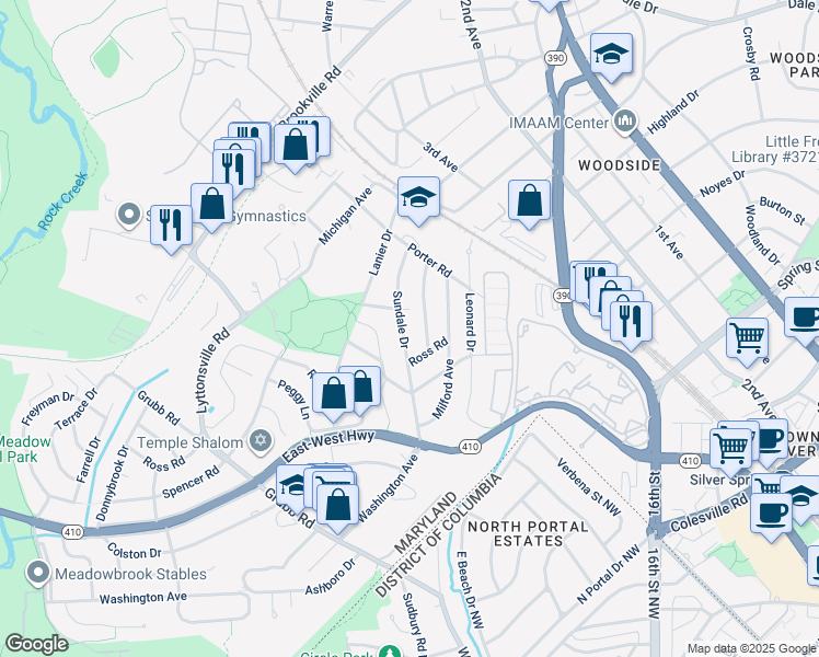 map of restaurants, bars, coffee shops, grocery stores, and more near 8713 Sundale Drive in Silver Spring