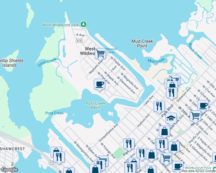 map of restaurants, bars, coffee shops, grocery stores, and more near 204 Q Avenue in Wildwood