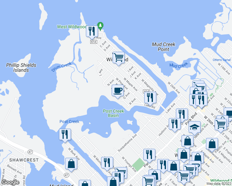 map of restaurants, bars, coffee shops, grocery stores, and more near 215A J Avenue in West Wildwood