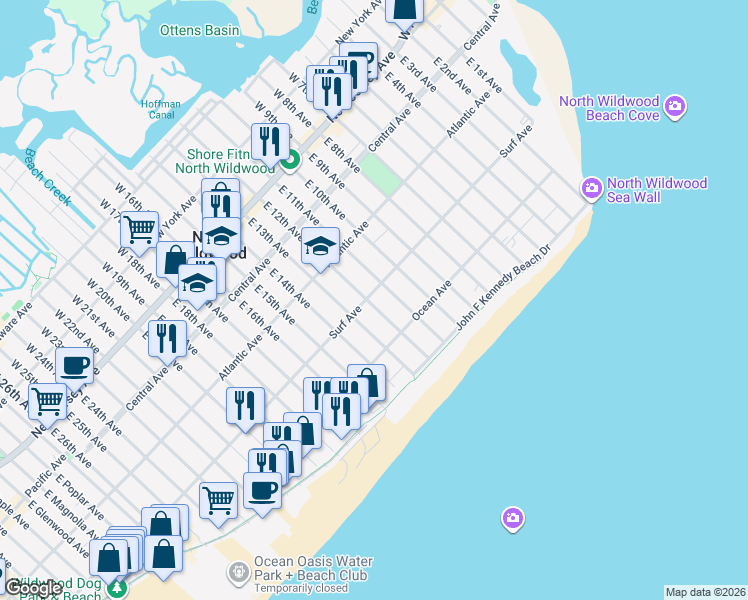 map of restaurants, bars, coffee shops, grocery stores, and more near 1113 Surf Avenue in North Wildwood