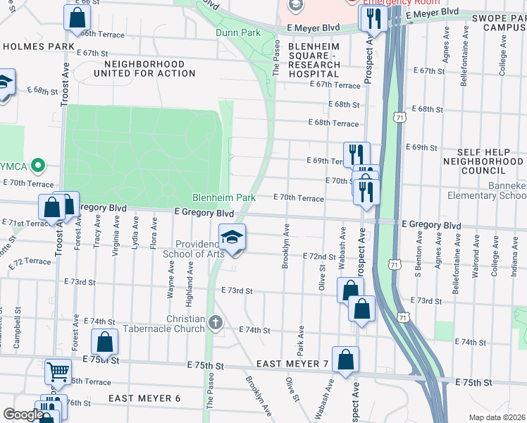 map of restaurants, bars, coffee shops, grocery stores, and more near 2026 East Gregory Boulevard in Kansas City