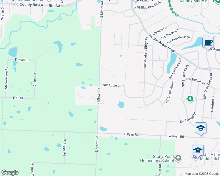 map of restaurants, bars, coffee shops, grocery stores, and more near 1405 Southwest Addie Lane in Grain Valley