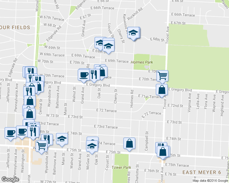 map of restaurants, bars, coffee shops, grocery stores, and more near 444 East 71st Terrace in Kansas City