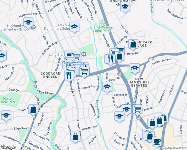 map of restaurants, bars, coffee shops, grocery stores, and more near 8627 Piney Branch Road in Silver Spring
