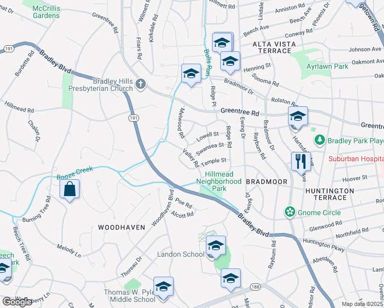 map of restaurants, bars, coffee shops, grocery stores, and more near 6213 Valley Road in Bethesda