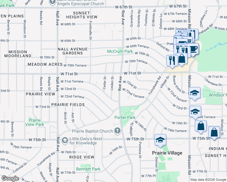 map of restaurants, bars, coffee shops, grocery stores, and more near 7229 Linden Street in Prairie Village
