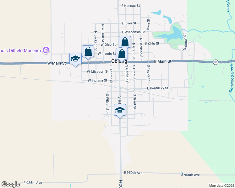 map of restaurants, bars, coffee shops, grocery stores, and more near 404 South Range Street in Oblong
