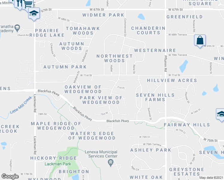 map of restaurants, bars, coffee shops, grocery stores, and more near 7170 Cottonwood Street in Shawnee