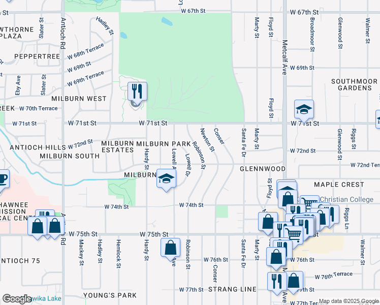 map of restaurants, bars, coffee shops, grocery stores, and more near 7209 Lowell Drive in Overland Park