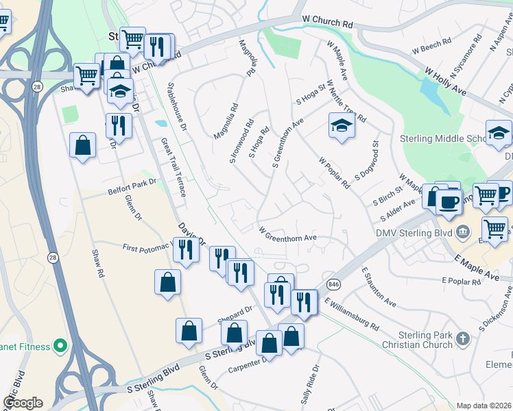 map of restaurants, bars, coffee shops, grocery stores, and more near 1050 Brixton Court in Sterling
