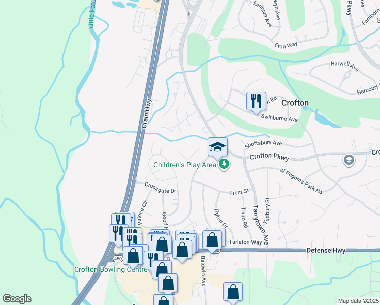 map of restaurants, bars, coffee shops, grocery stores, and more near 1743 Ullswater Place in Crofton