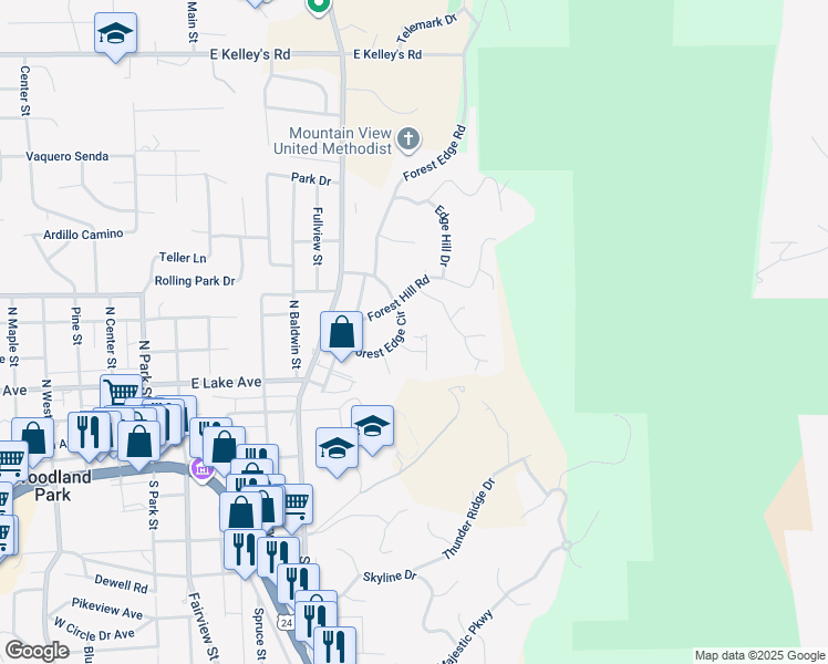 map of restaurants, bars, coffee shops, grocery stores, and more near 540 Forest Edge Circle in Woodland Park