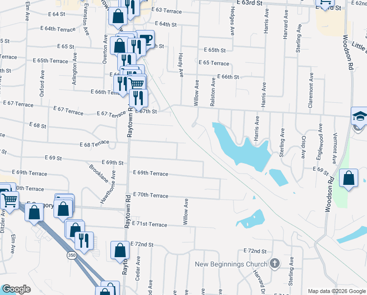 map of restaurants, bars, coffee shops, grocery stores, and more near 10401 East 68th Terrace in Raytown