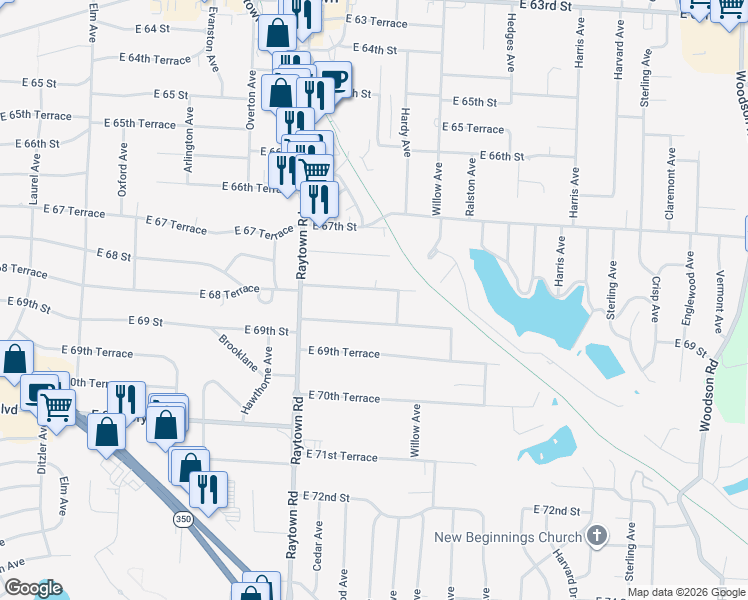 map of restaurants, bars, coffee shops, grocery stores, and more near 10205 East 68 Terrace in Raytown