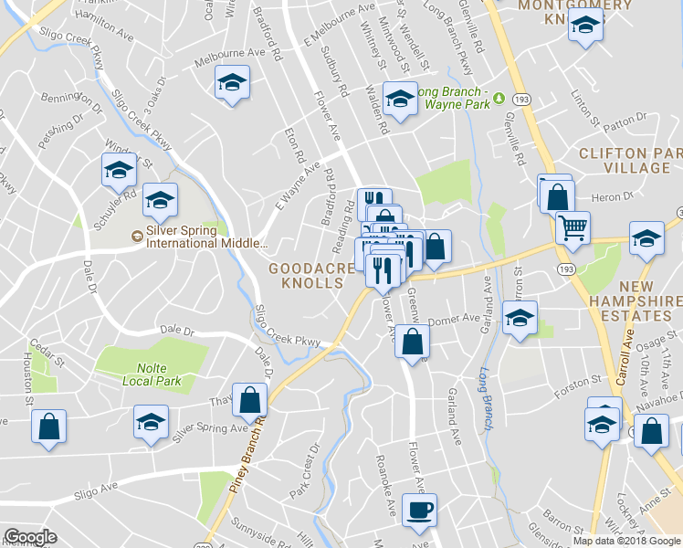 map of restaurants, bars, coffee shops, grocery stores, and more near 8706 Geren Road in Silver Spring