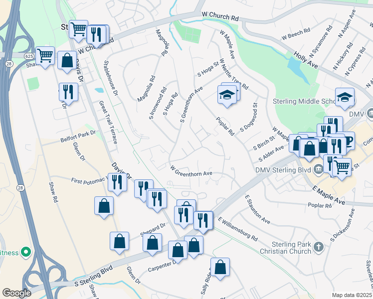 map of restaurants, bars, coffee shops, grocery stores, and more near 1013 Marsden Court in Sterling