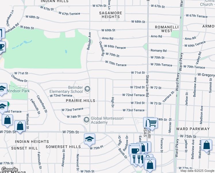 map of restaurants, bars, coffee shops, grocery stores, and more near 7201 Booth Street in Prairie Village