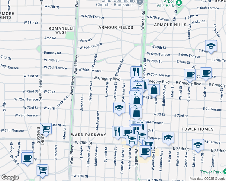 map of restaurants, bars, coffee shops, grocery stores, and more near 7132 Jefferson St in Kansas City