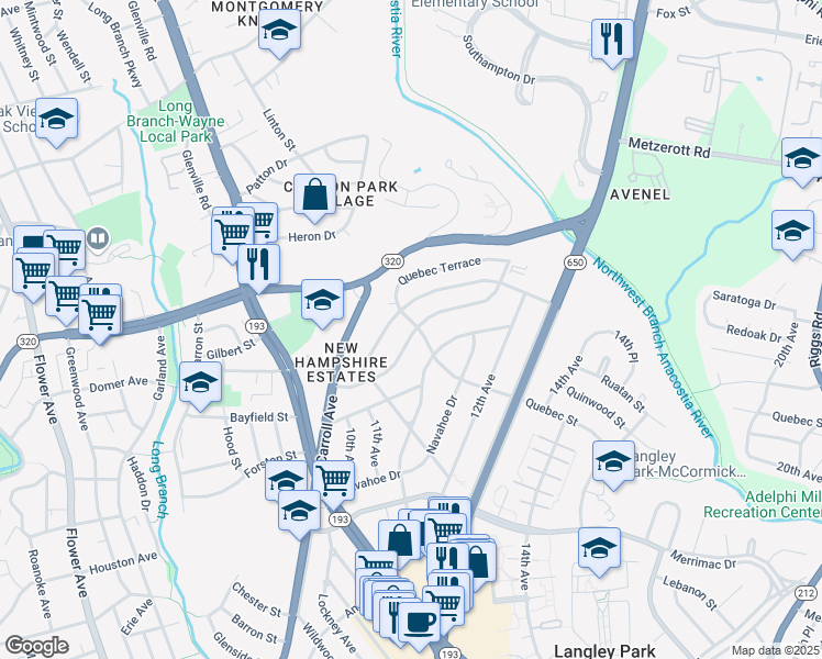 map of restaurants, bars, coffee shops, grocery stores, and more near 8556 11th Avenue in Silver Spring