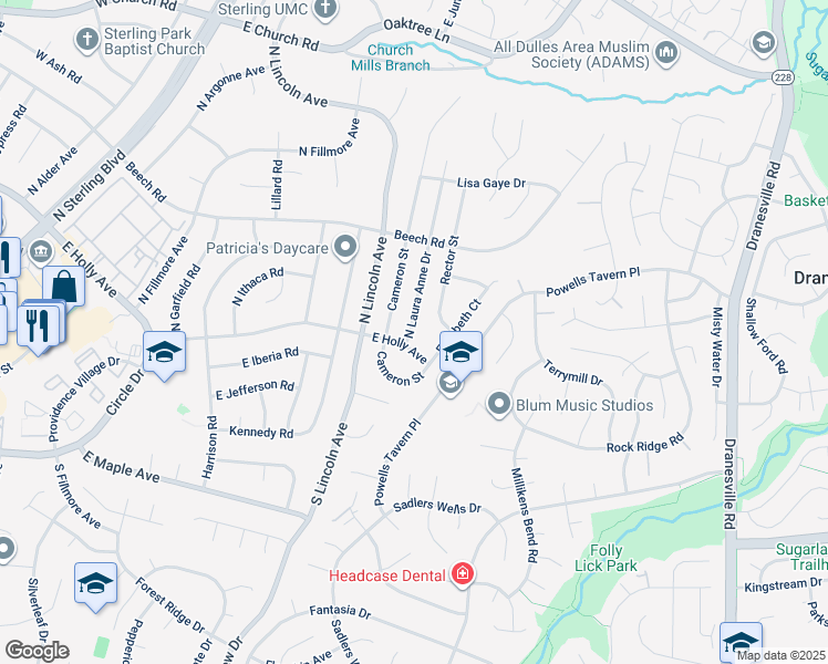 map of restaurants, bars, coffee shops, grocery stores, and more near 114 North Laura Anne Drive in Sterling
