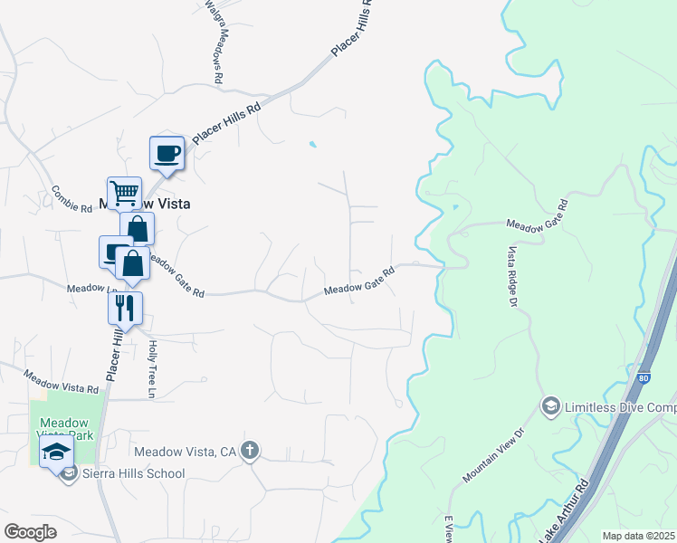 map of restaurants, bars, coffee shops, grocery stores, and more near 623 Red Bud Lane in Meadow Vista