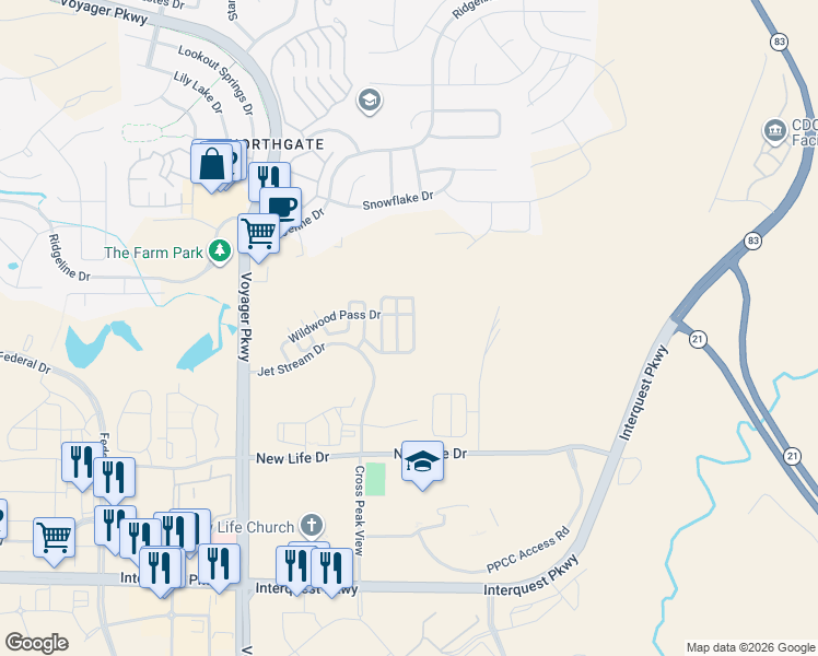 map of restaurants, bars, coffee shops, grocery stores, and more near 2314 Shady Aspen Drive in Colorado Springs
