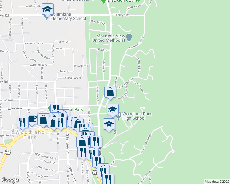 map of restaurants, bars, coffee shops, grocery stores, and more near 505 Forest Edge Road in Woodland Park
