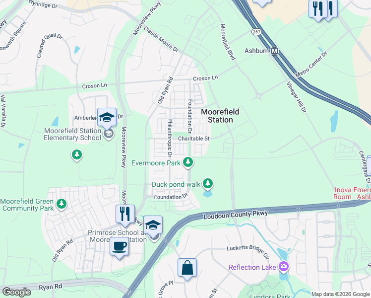 map of restaurants, bars, coffee shops, grocery stores, and more near 22362 Lucas Terrace in Ashburn