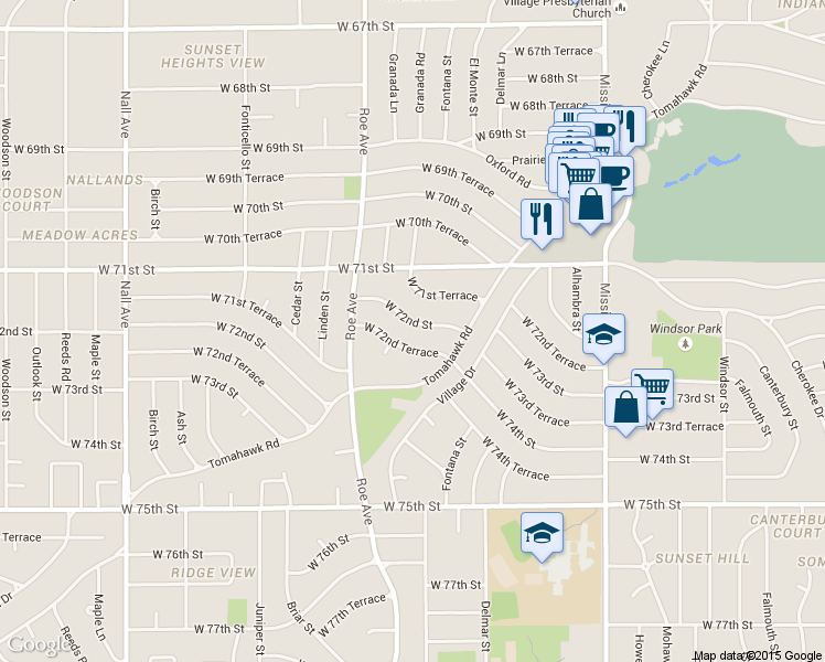 map of restaurants, bars, coffee shops, grocery stores, and more near 4511 West 72nd Street in Prairie Village